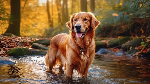 Un perro golden retriever se para en un arroyo con la palabra golden en él