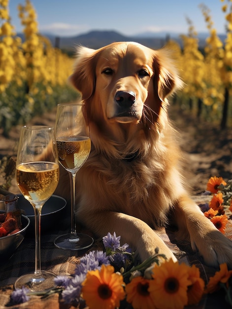 Foto un perro golden retriever en un campo exterior con una botella de vino y vasos generative ai