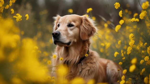 Un perro golden retriever en un campo de flores.