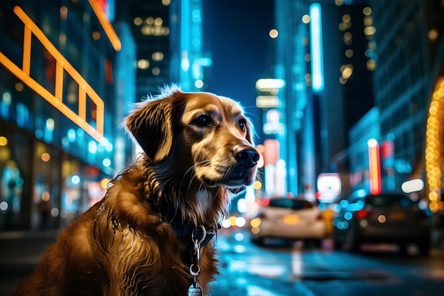 Perro Golden Retriever en la ciudad por la noche Enfoque selectivo