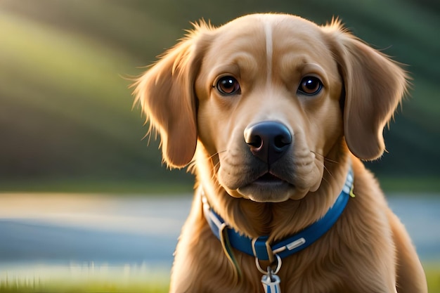 Un perro golden retriever con un collar azul.