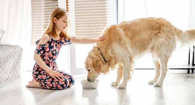 Perro golden retriever comiendo comida con una chica guapa en casa