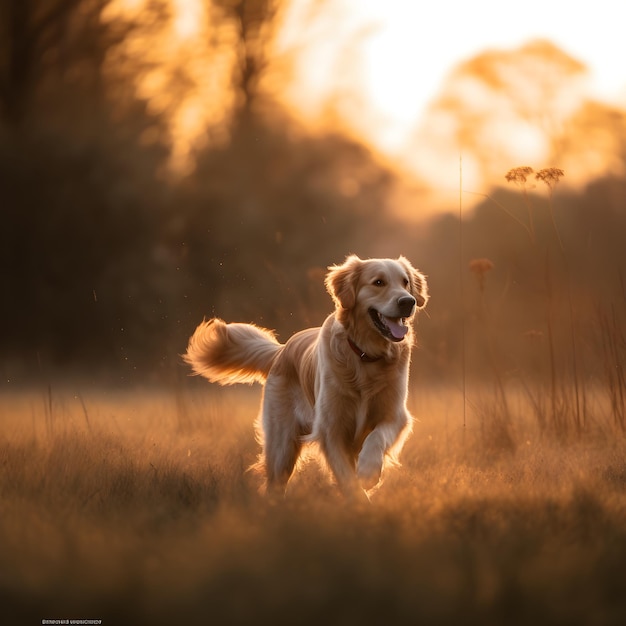 Un perro golden retriever corre por un campo al atardecer.