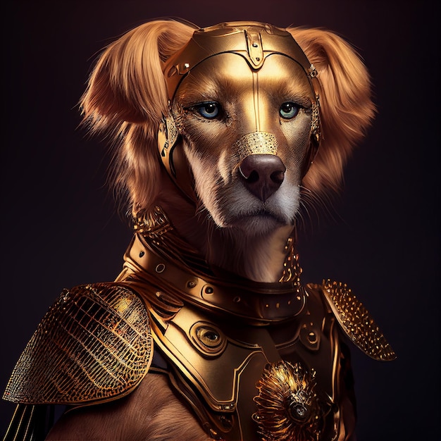 el perro golden retriever en el cyberpunk futurista robótico de metal antiguas armaduras rústicas