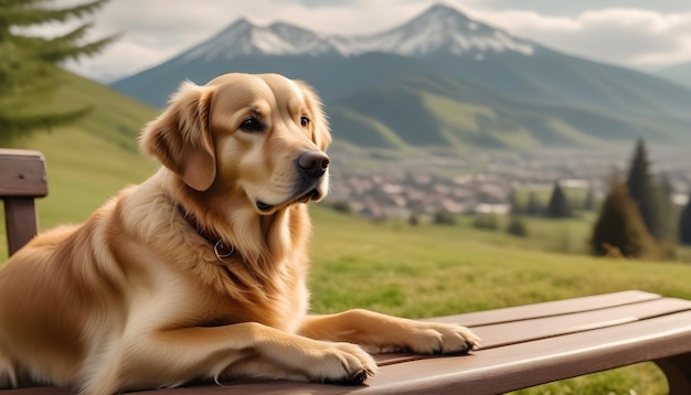 Foto el perro golden retriever descansa en un prado con altas montañas alpinas en el fondo