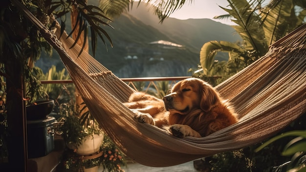 Perro golden retriever descansando en una hamaca