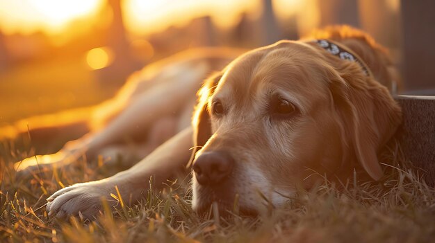 Un perro golden retriever está tendido en la hierba al atardecer el perro está mirando a un lado y su pelaje está brillando en la luz del sol