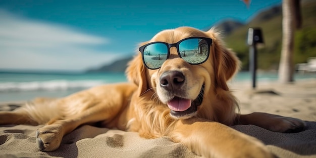 El perro Golden Retriever está de vacaciones de verano en un balneario y descansa relajante en la playa de verano de Hawaii AI Generative