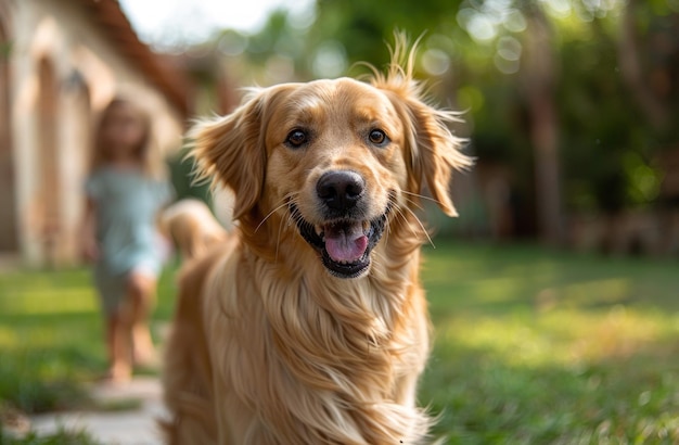 El perro Golden Retriever feliz está corriendo hacia la cámara con una niña en el fondo