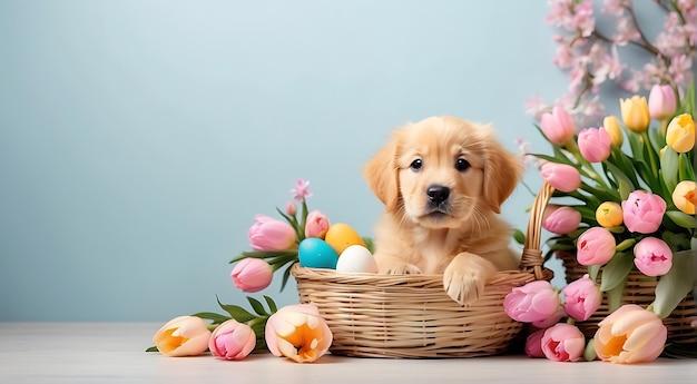 Perro Golden Retriever con flores y huevos de Pascua copia el fondo del espacio