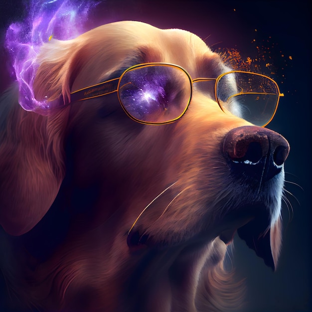 Perro Golden Retriever con gafas y humo colorido en el ojo