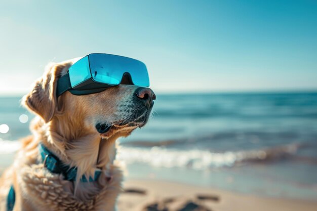 Un perro golden retriever con gafas de sol azules está sentado en la playa