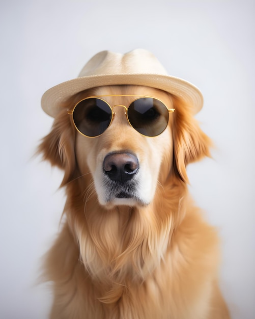 Un perro golden retriever con gafas de sol y un sombrero.