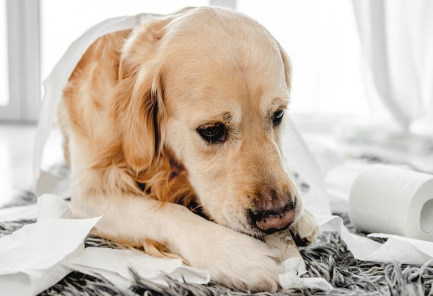 Perro golden retriever jugando con papel higiénico