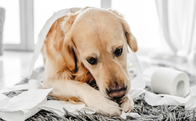 Perro golden retriever jugando con papel higiénico