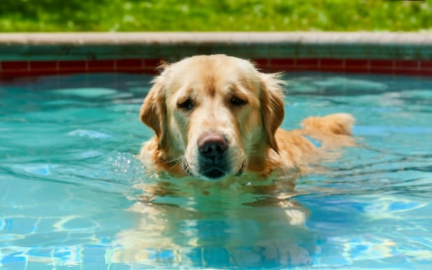 Perro golden retriever nadando en una piscina de agua limpia