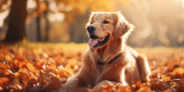 Perro Golden Retriever en el parque de otoño Golden Restriever en un día soleado