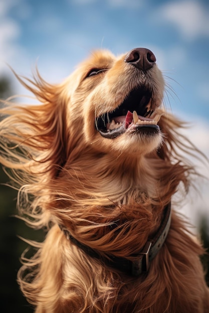 un perro golden retriever con el pelo ondeando al viento