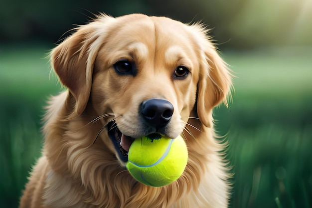 Perro golden retriever con una pelota de tenis en la boca creado con tecnología de IA generativa