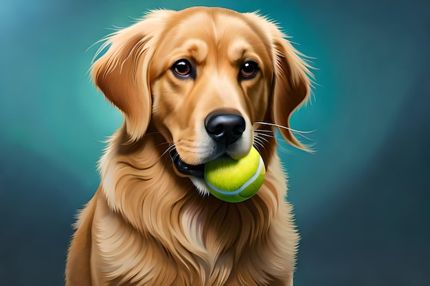 Perro golden retriever con una pelota de tenis en la boca creado con tecnología de IA generativa