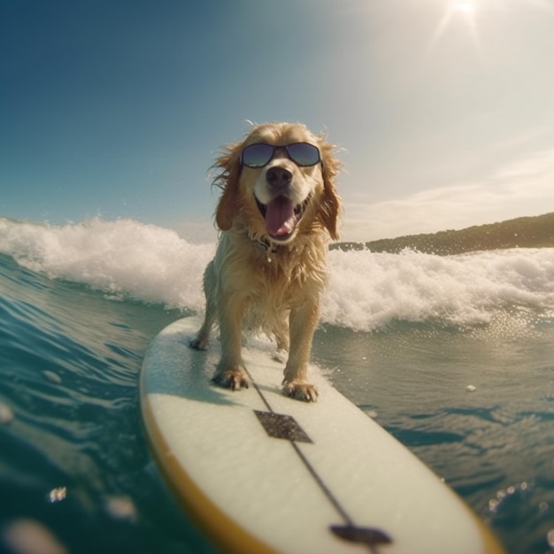 Perro Golden Retriever de pie con gafas de sol en una tabla de surf horario de verano IA generativa