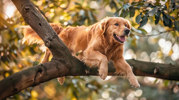 Perro Golden Retriever en una rama de árbol en el parque