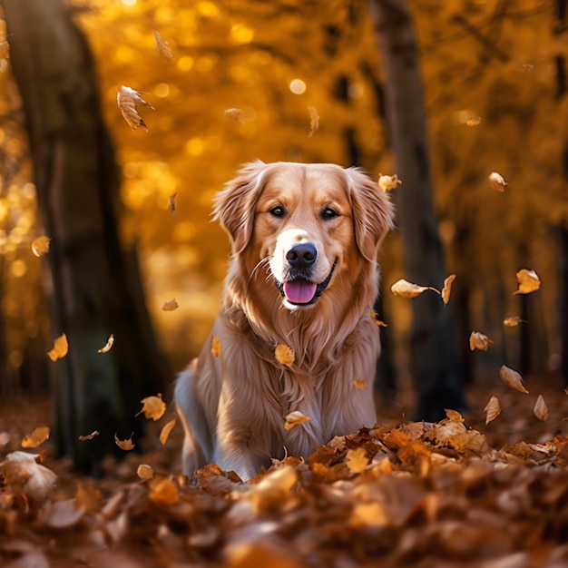 Perro golden retriever sentado entre las hojas de otoño en el parque paseando perro generativo ai