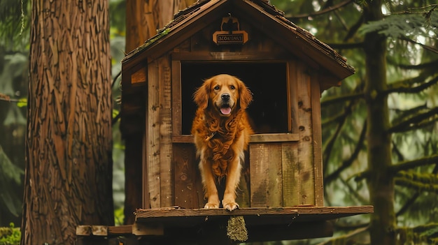 Foto un perro golden retriever se sienta en una casa de árbol de madera y mira hacia el bosque