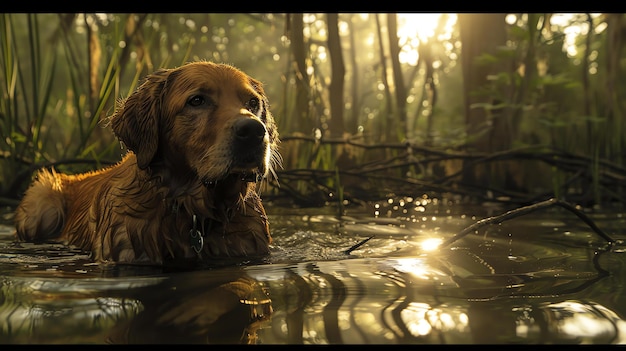 Un perro golden retriever se sienta en un estanque poco profundo en un día soleado El pelaje del perro está húmedo y enmarañado y las ondas del agua en primer plano