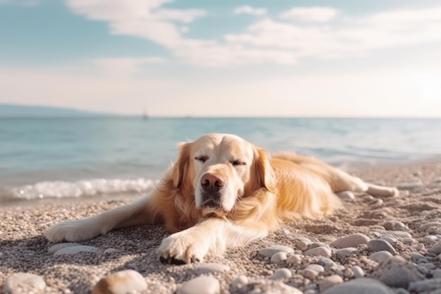 Un perro golden retriever tirado en una playa