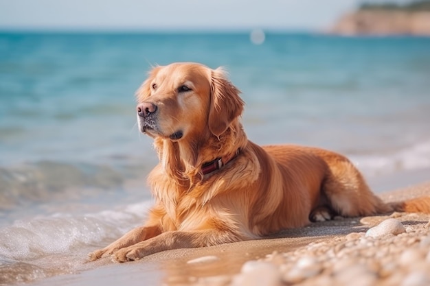 Un perro golden retriever tirado en la playa