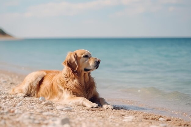 Un perro golden retriever tirado en la playa