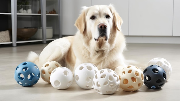 Un perro golden retriever yace junto a un montón de bolas blancas.