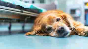 Foto un perro golden retriever yace en el suelo en una clínica veterinaria el perro está mirando a la cámara con una expresión triste en los ojos