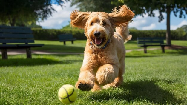 Perro Goldendoodle jugando con una pelota de tenis