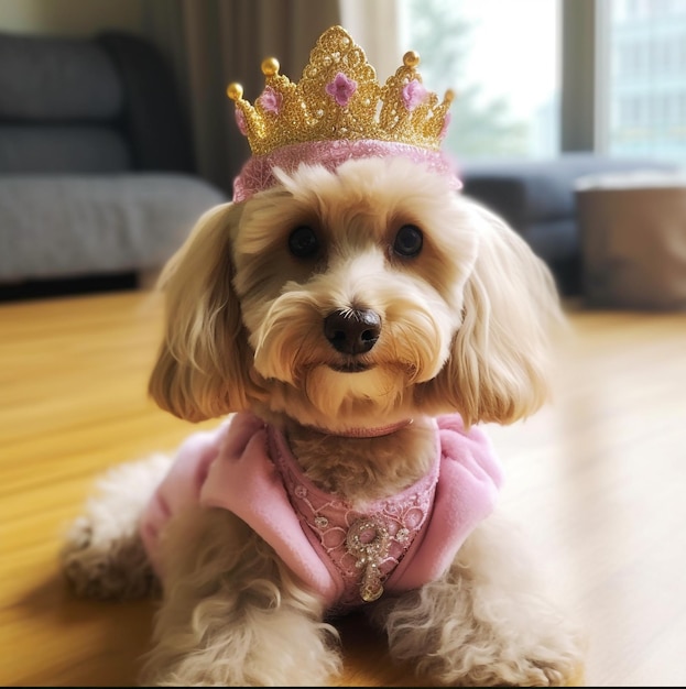 un perro goldendoodle con ropa de princesa de melocotón papel tapiz HD