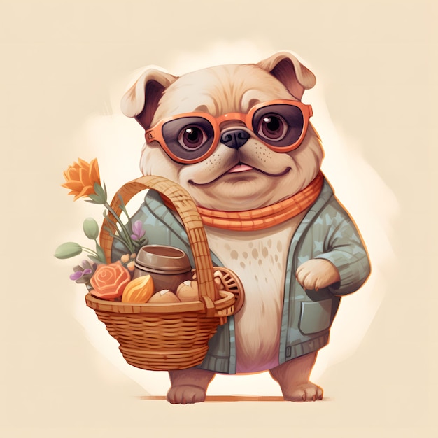 un perro gordo llevando una canasta con gafas redondas con ropas de dibujos animados lindos en colores suaves