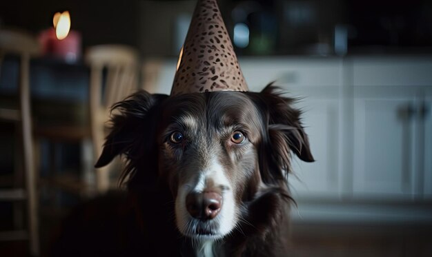Perro con una gorra festiva en una fiesta de cumpleaños IA generativa