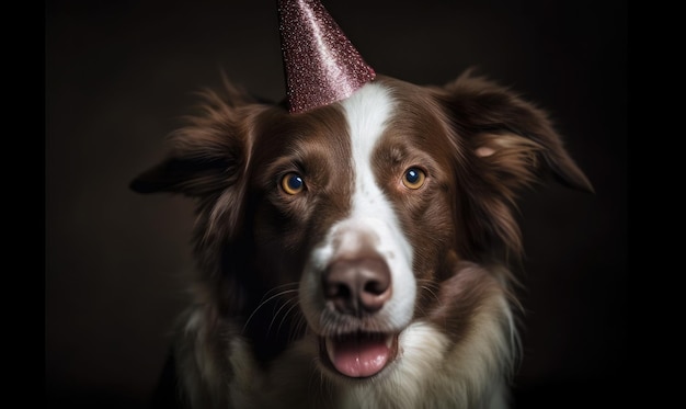 Perro con una gorra festiva en una fiesta de cumpleaños IA generativa