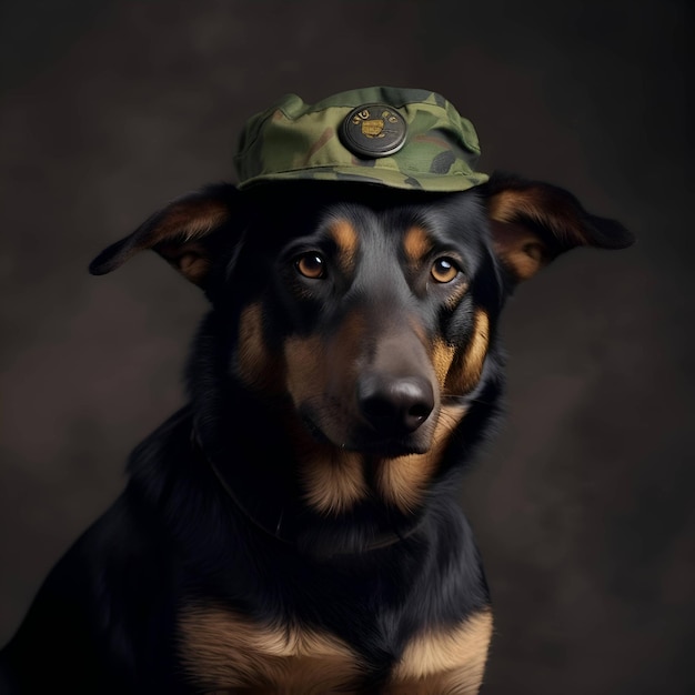 Perro con gorra militar sobre un fondo oscuro Retrato de un perro