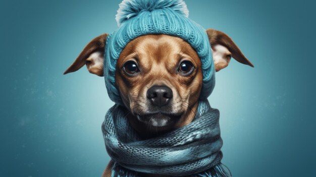 Perro con gorro y bufanda retrato de mascota vestida para otoño o invierno