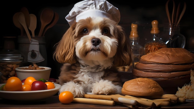 perro con gorro de chef y delantal