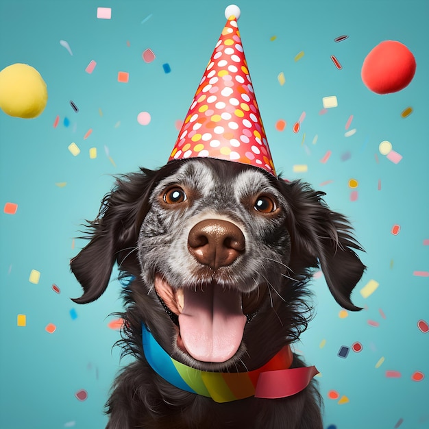 Un perro con un gorro de fiesta y un colorido fondo de confeti.