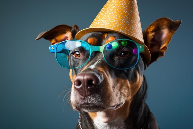 Un perro con gorro de fiesta y gafas.