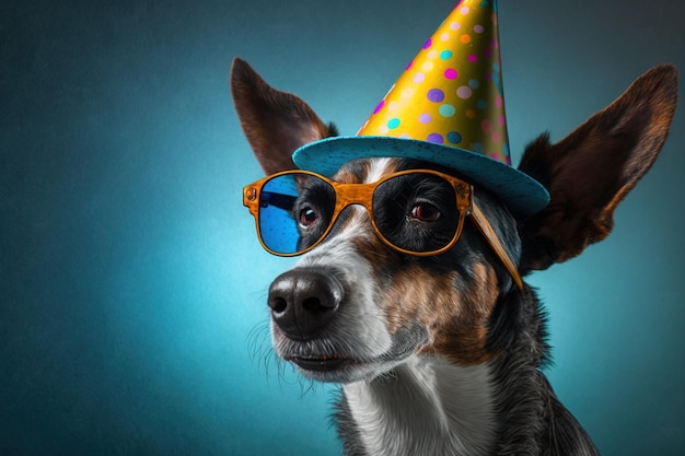 Un perro con gorro de fiesta y gafas.