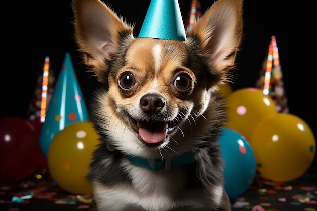 un perro con un gorro de fiesta generado por IA