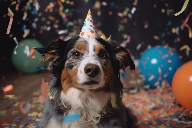 Un perro con un gorro de fiesta rodeado de confeti y globos IA generativa