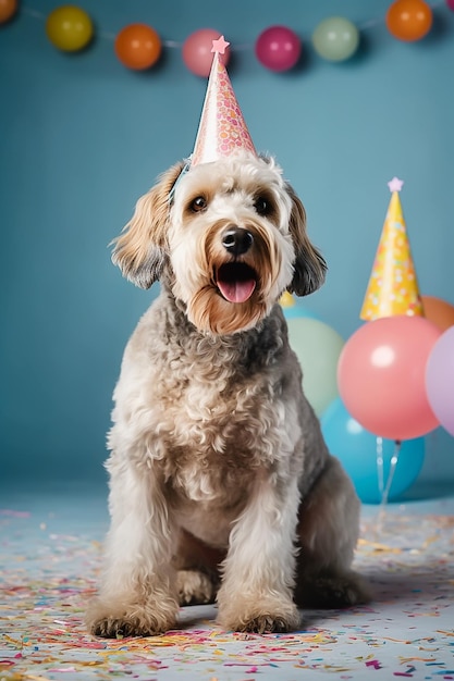 Un perro con un gorro de fiesta se sienta frente a un fondo azul.