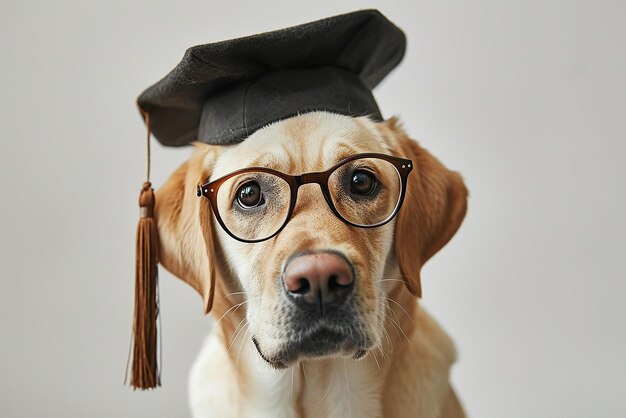 Perro con gorro de graduación y pajarita sentado sobre fondo blanco aislado