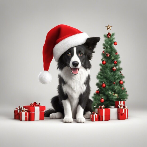 Un perro con gorro de Papá Noel con árbol de Navidad y cajas de regalo fondo blanco.